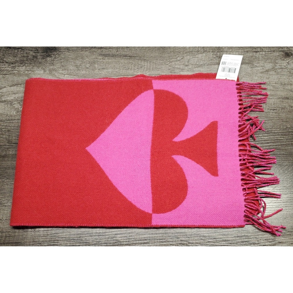 Kate Spade Wool Cashmere Scarf Oversized Designer Spade Logo Red & Pink NWT